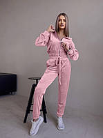 Женский велюровый костюм бежевый с капюшоном S, M, L | Женский велюровый спортивный костюм рожевий, M
