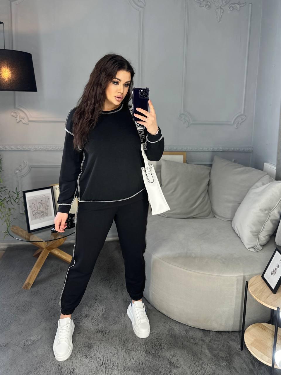 Чорний жіночий спортивний костюм із двонитки з зовнішніми швами батал, фото 1
