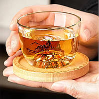 Чашка для чаю скляна + підставка "Золота гора", ручна робота, 100мл