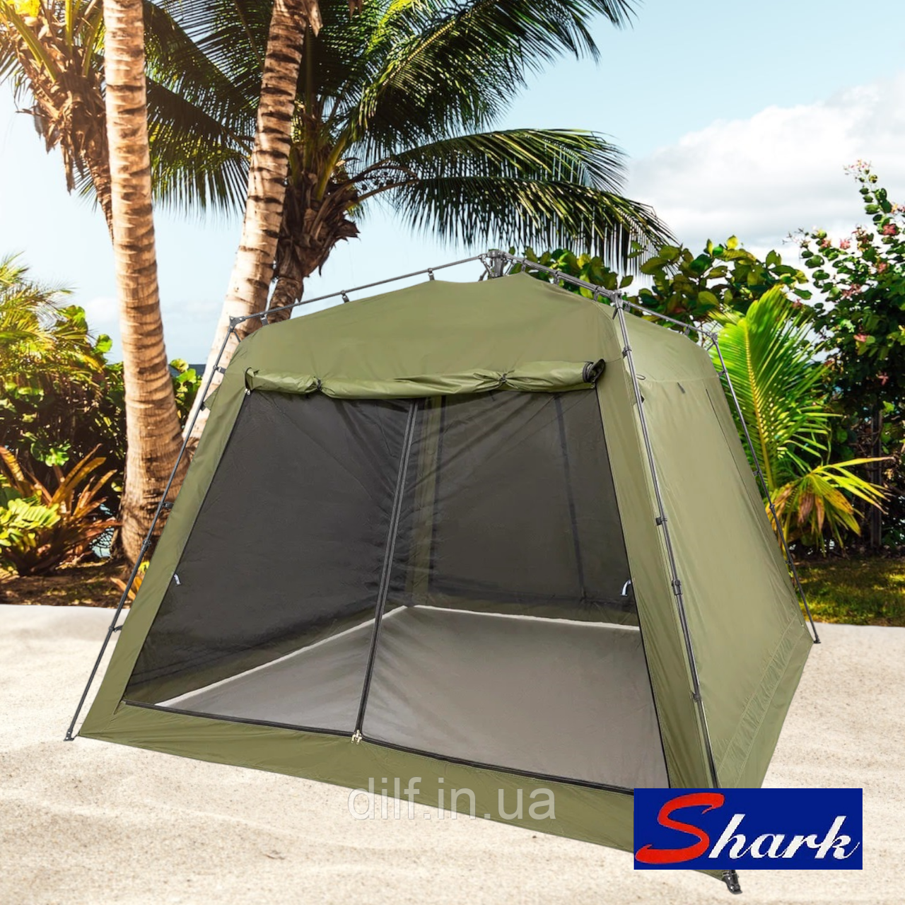 Альтанка намет автоматичний Shark 300x300x230см з посиленою москітною сіткою (зелена, хакі), фото 1