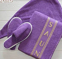 Женский набор для душа, сауны 3 предмета (полотенце на липучке, чалма на голову + тапочки) Фиолетовый