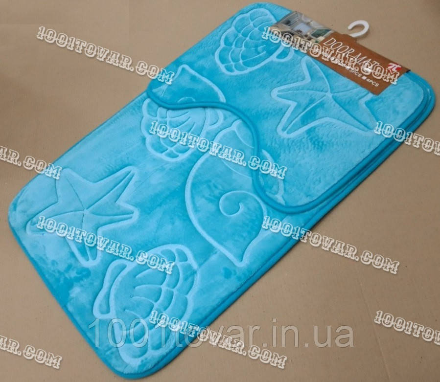 Набір килимків із мікрофібри у ванну та туалет "Хамелеон", 80х50 см і 40х50 см., блакитний морські мушлі, фото 1