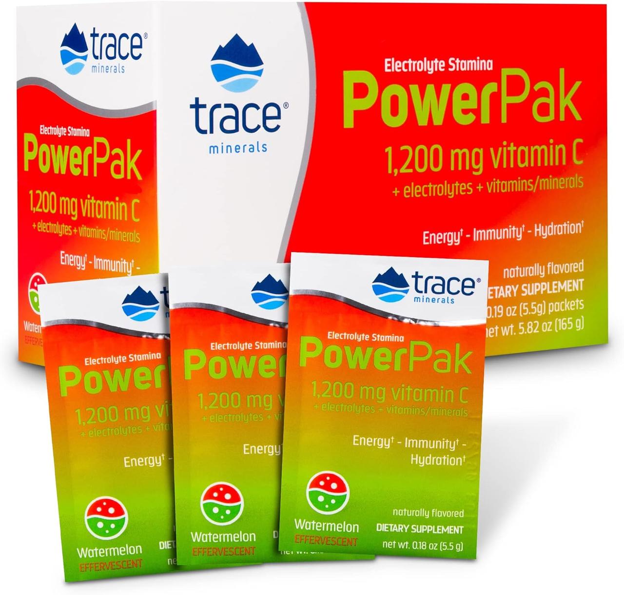 Вітамін C + електроліти + мультивітаміни Кавун 30 саше / Power Pak Watermelon, Trace Minerals