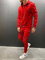 Мужской спортивный костюм Мужской красный спортивный костюм штаны + худи с капюшоном с нашивками в стиле