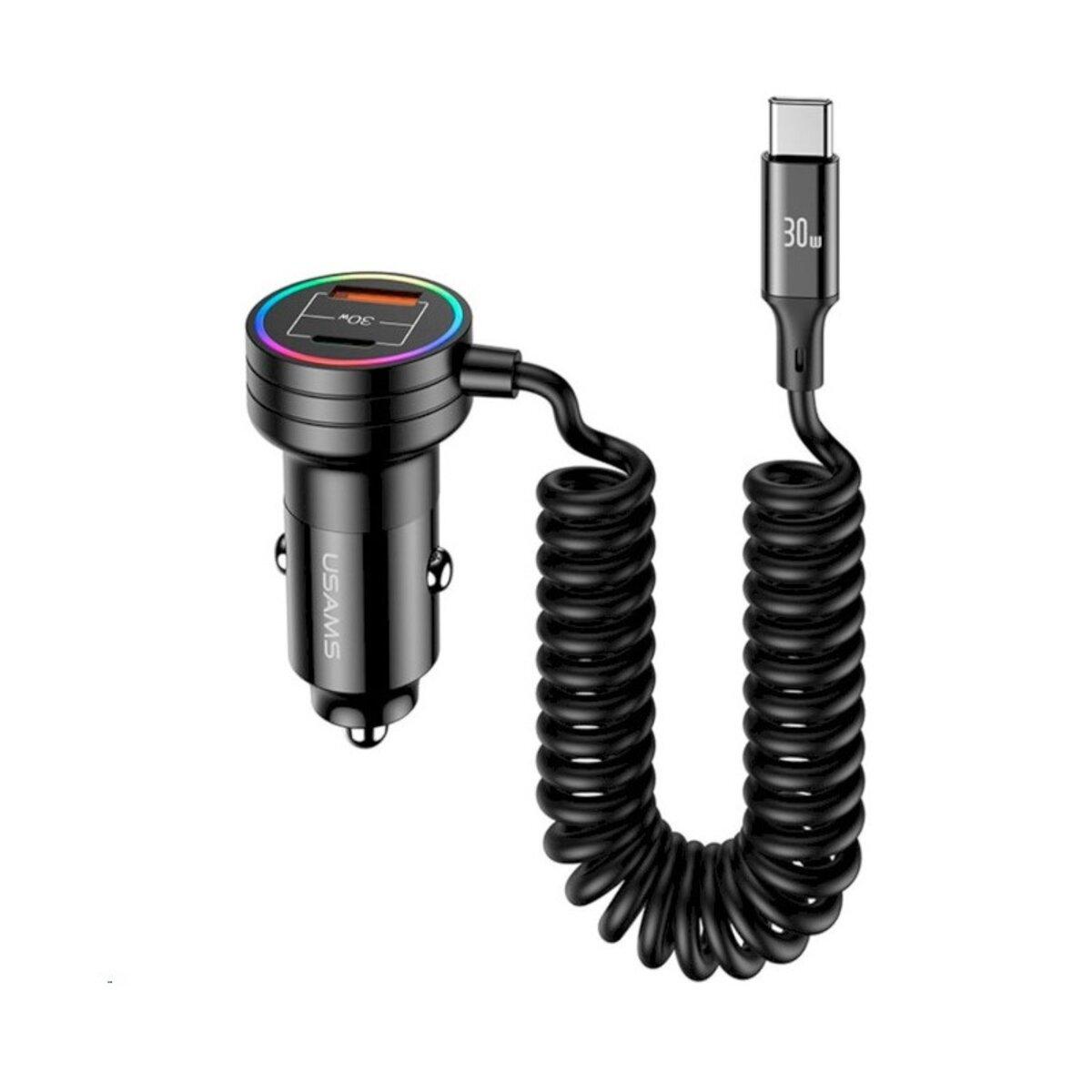 Автомобільний зарядний пристрій Usams US-CC167 C33 30W Car Charger With Spring Cable Black