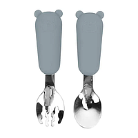 Приборы детские силиконовые с металлическим наконечником Мишка (вилка и ложка) Темно-серый