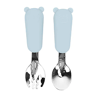 Приборы детские силиконовые с металлическим наконечником Мишка (вилка и ложка) Голубовато-серый
