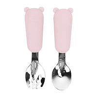 Приборы детские силиконовые с металлическим наконечником Мишка (вилка и ложка) Нежно-розовый