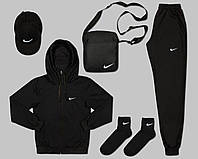 Мужской спортивный костюм Nike 5в1 весенний осенний Кофта + Штаны + Футболка + Сумка + Кепка + Носки черный