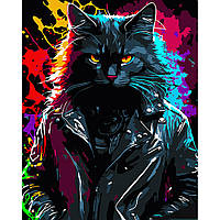 Картины Рисование по номерам животные Живопись по номерам на черном холсте Брутальный кот в курточке Strateg