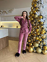 Велюровая пижама двойка комплект шаль халат штаны 018 розовый