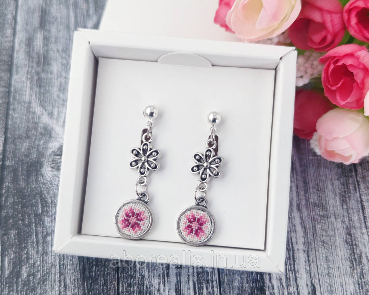 Сережки гвоздики вишиті "Ажур рожевий", фото 1