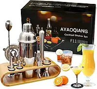 Набор бармена с деревянной подставкой Ayaogiang Cocktail Shaker Set 11 в 1