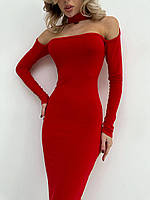 Красное женское силуэтное лаконичное платье из качественной вискозы длины миди с открытым верхом