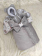 Демисезонный плюшевый конверт + комбинезон для новорожденных, серый