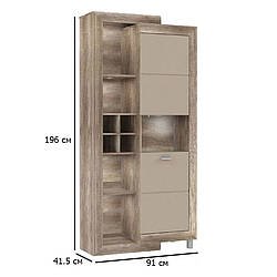 Шафа вітрина з відкритими полицями та підсвічуванням Genetic 91 см дуб антична з бежевим глянцевим фасадом в кімнату