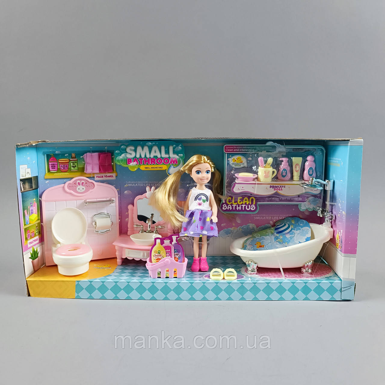 Лялька з меблями 7023  висота 13 см, ванна, раковина, туалет, аксесуари, імітація доглядових засобів,, фото 1