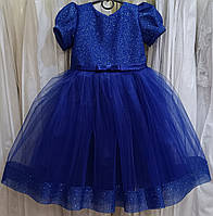 Блестящее синее нарядное детское платье с рукавчиком-фонариком на 4-6 лет