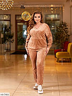 Велюровый спортивный костюм женский стильный красивый свитшот с тиснением и брюки больших размеров 50-64