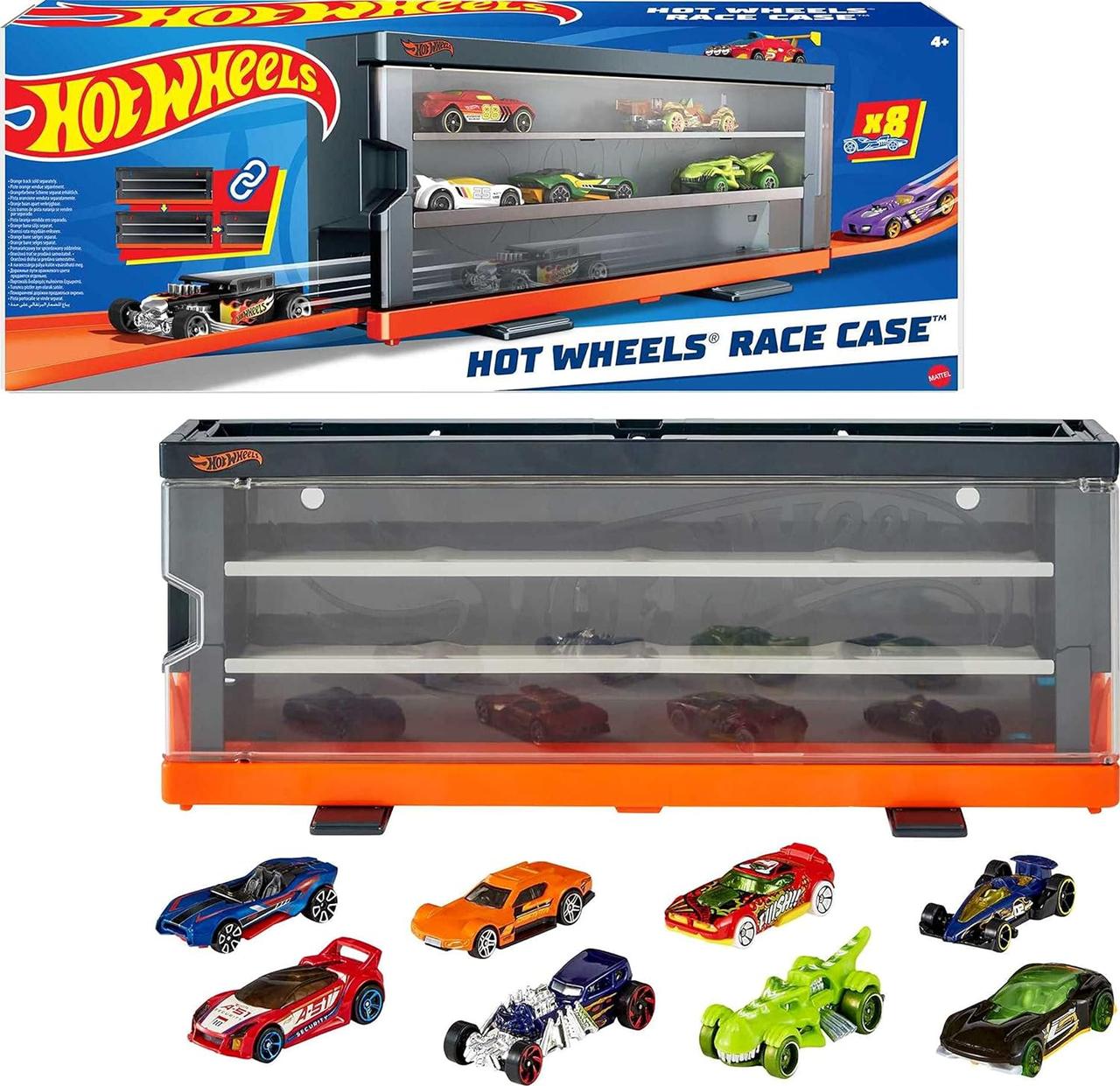 Прозорий кейс дисплей + 8 машинок Хот Вілс. Hot Wheels Race Case with 8 Toy Cars. Інтерактивний контейнер