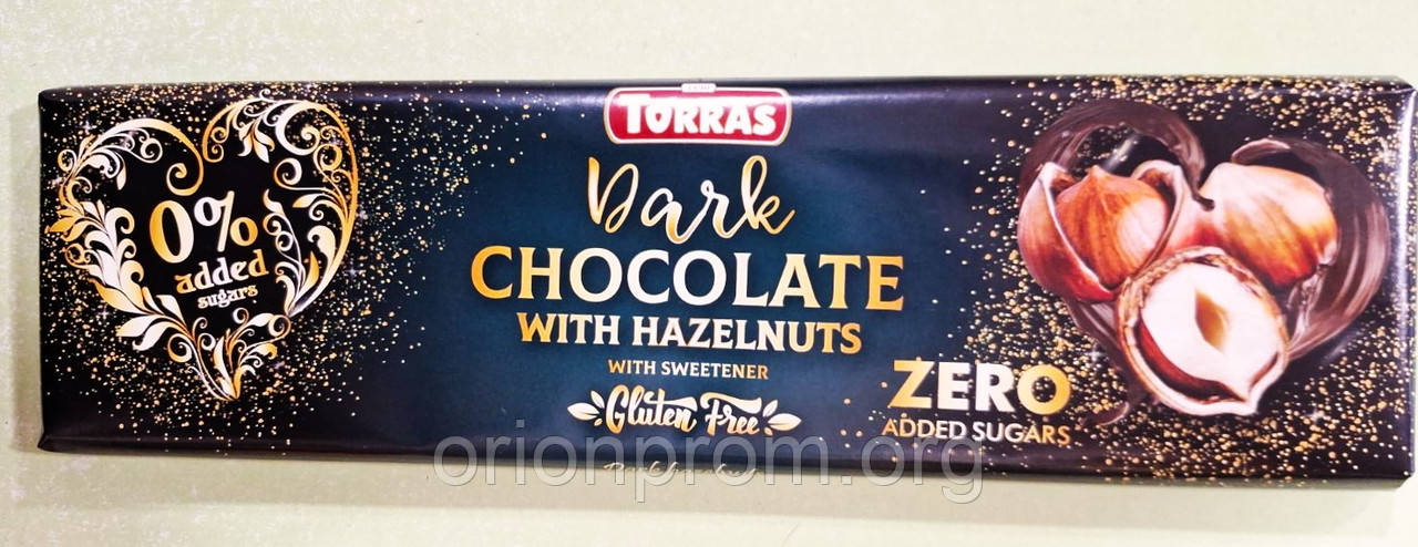 Шоколад Torras Zero з фундуком чорний 300 г (без глютену та цукру)