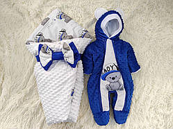 Демісезонний плюшевий комплект для новонароджених, принт ведмежа boy, білий із синім