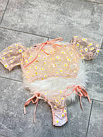 Полупрозрачный комплект женского белья с ромашками (розовый).