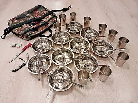 Похідний набір посуду для пікніка з неіржавкої сталі в сумці на 10 персон, фото 1