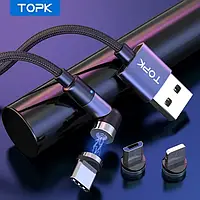 Магнитный провод TOPK​​​​​​​ кабель шнур с поворотным разъемом lightning, micro usb, type C Черный