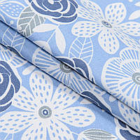 Ткань полупанама набивная для столового белья цветы крупные серо-голубые