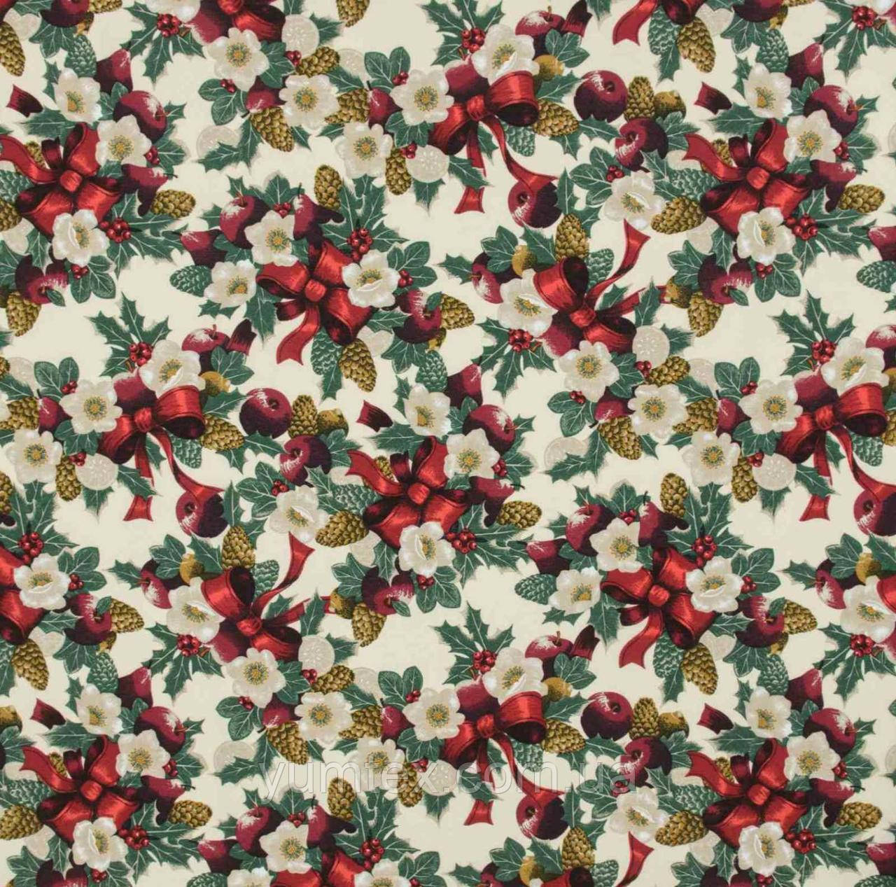 Декоративна тканина новорічна Лорента різдвяне дерево бежева, фото 1