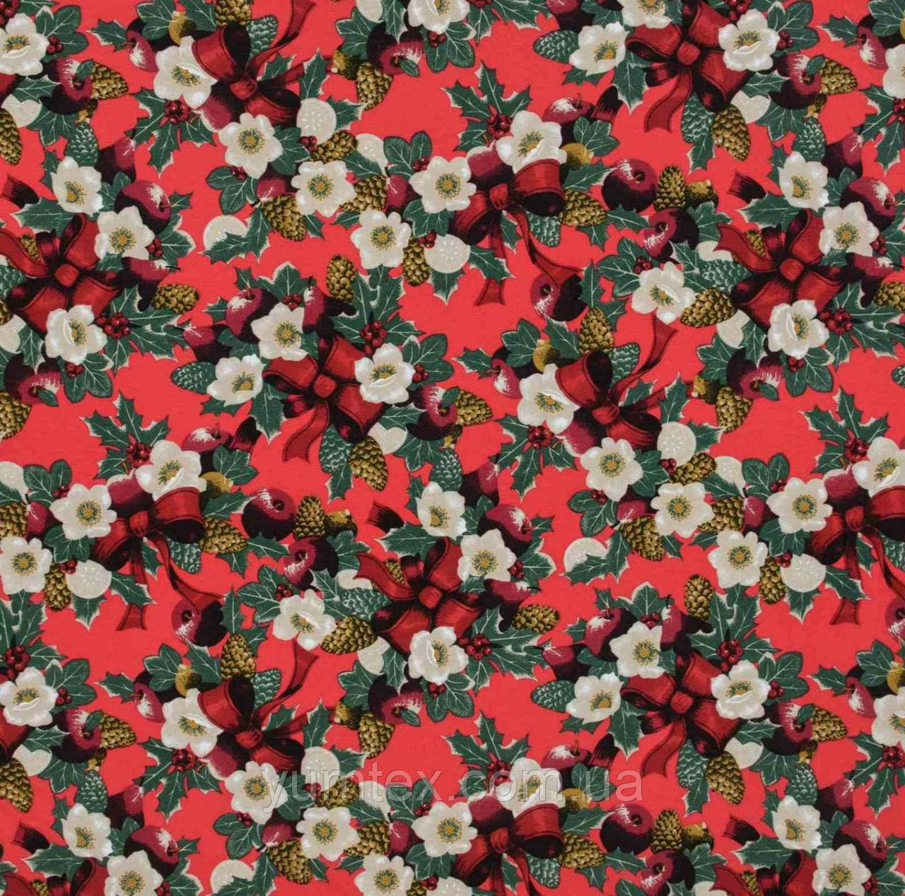 Декоративна тканина новорічна Лорента різдвяне дерево червона, фото 1