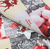 Декоративна тканина новорічна Лорента колаж Різдво олені іграшки сірий беж
