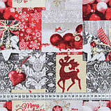 Декоративна тканина новорічна Лорента колаж Різдво олені іграшки сірий беж, фото 3