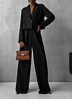 Женский стильный костюм, жакет и брюки палаццо, 42-44, 44-46, черный, костюмка люкс.