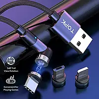 Магнитный провод TOPK кабель шнур с поворотным разъемом lightning, micro usb, type C