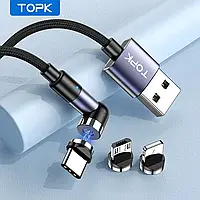 Магнитный провод TOPK кабель шнур с поворотным разъемом lightning, micro usb, type C Черный