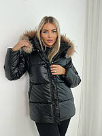 Женская теплая зимняя куртка -пуховик с мехом на капюшоне Размеры 42, 44,46,48 черная