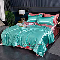 Атласное Бирюзово-Розовое Евро постельное белье Moka Textile 200х220см