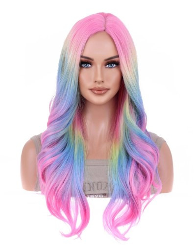 Перука райдужна довга хвиляста без чубчика різнокольорова (LC003), фото 1