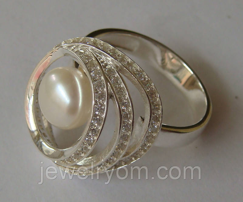 Кільце ВВ105160ЮМ, срібло 925 проба, перли, кубічний цирконій.