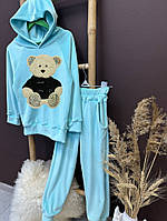 Стильный велюровый костюм для девочек "Медведь" для самых маленьких на рост 98см 104см 110см 116см 122см Бирюзовый, 110