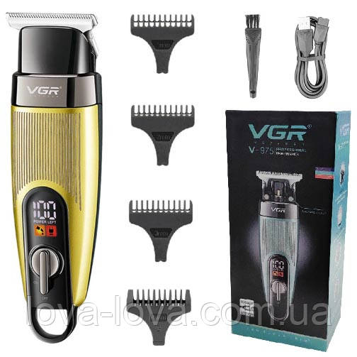 Аккумуляторный триммер для стрижки бороды и усов VGR V-975 с дисплеем и 4 сменными насадками 1-4 мм Желтая