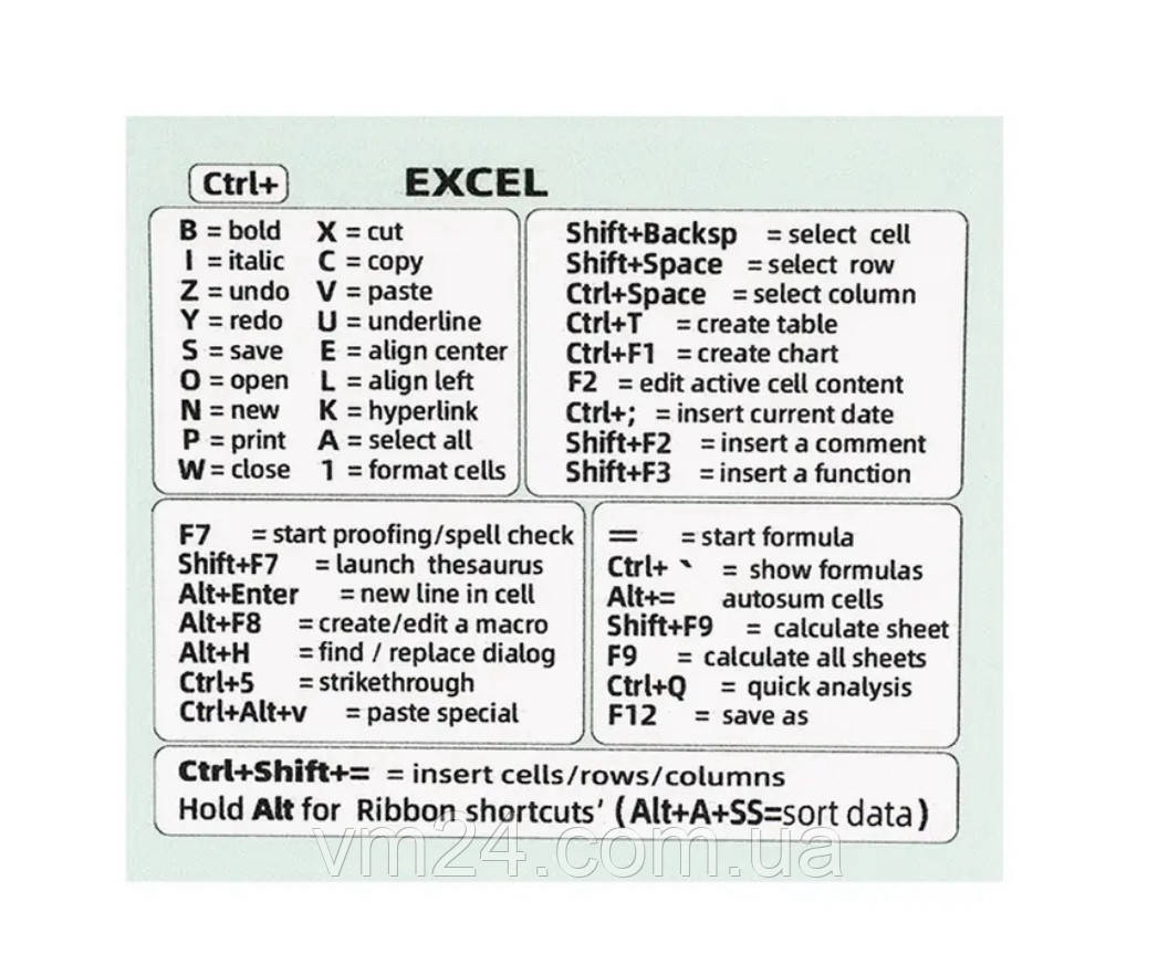 Клейкая наклейка для наклейки на клавиатуре со справочником для ПК для ноутбука Excel