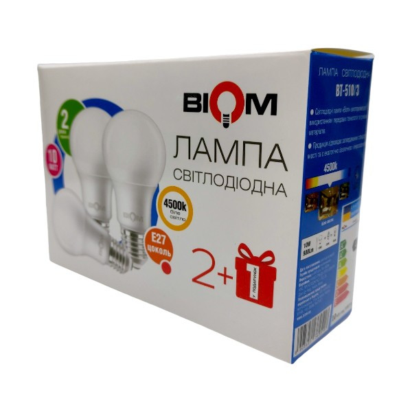 Свiтлодiодна лампа Biom BT-510 A60 10W E27 4500К матова (пакунок 3шт.), фото 1