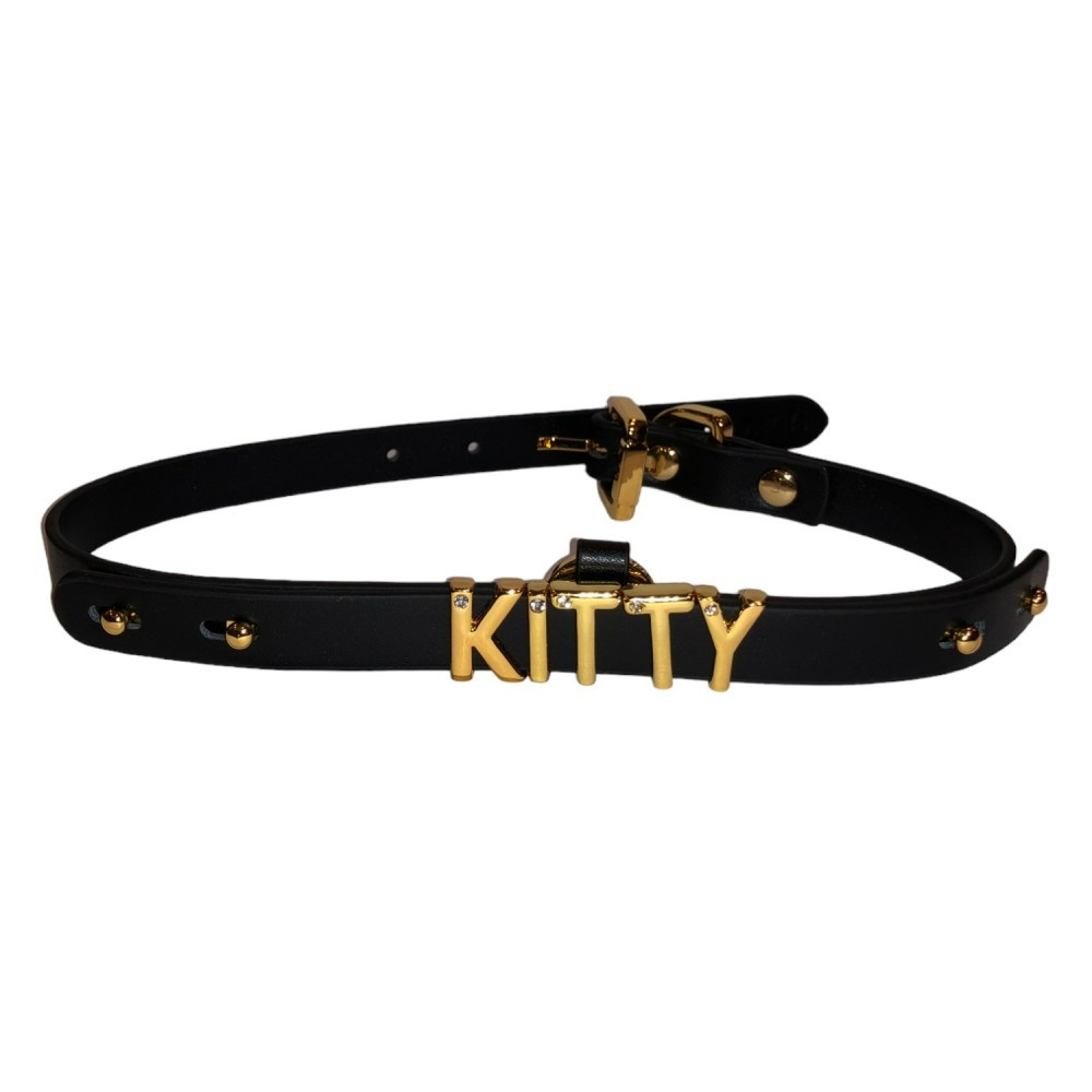Чокер з написом KITTY від UPKO з італійської шкіри, чорний із золотою фурнітурою 18+, фото 1