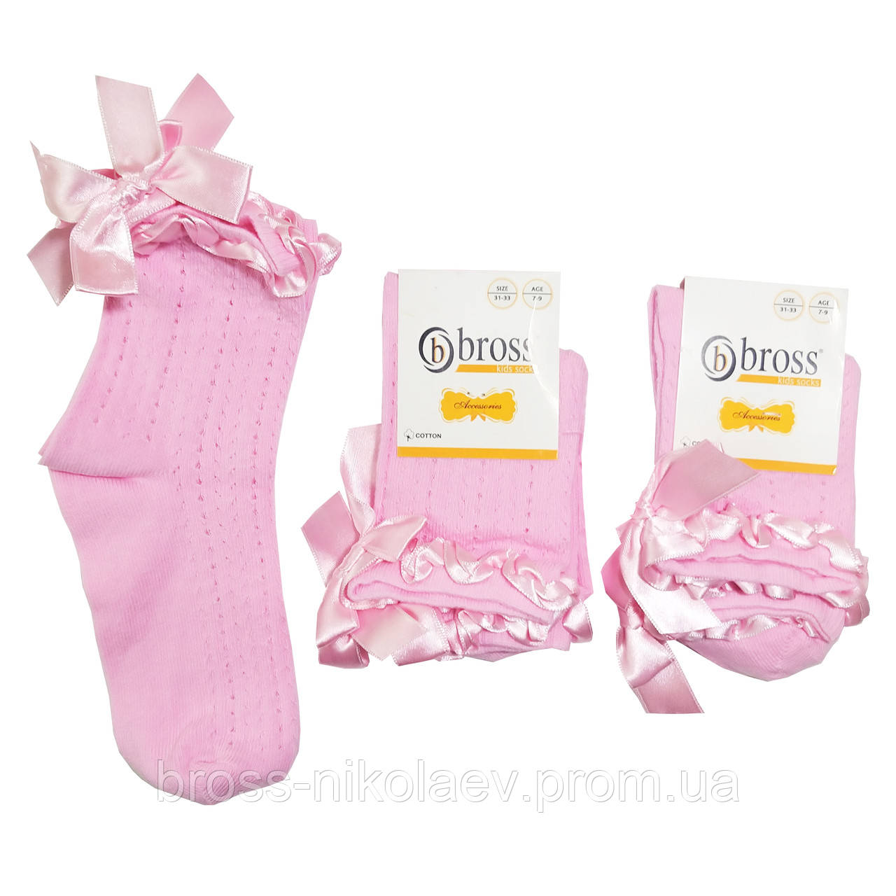 Високі дитячі шкарпетки святкові однотонні ажурні демі шкарпетки з бантиками для дівчинки BROSS