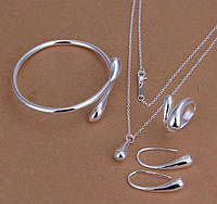 Комплект украшений женский цепочка с кулоном, серьги, кольцо и браслет, покрытые серебром код 824