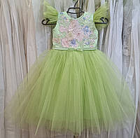 Нежное салатовое нарядное детское платье весна с вышивкой и рукавчиком-крылышком на 3-5 лет