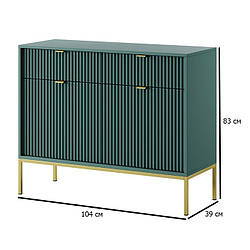 Комод із рельєфними фасадами зеленого кольору Nova 104 см лабрадор на золотих металевих ніжках у кімнату